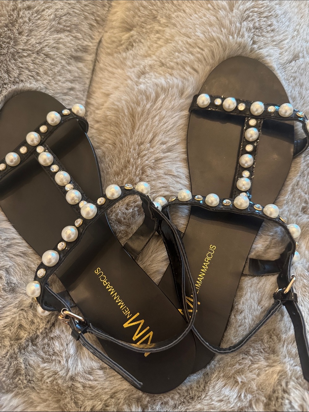 Neiman Marcus Black Pearl-Trim T-Strap Sandals